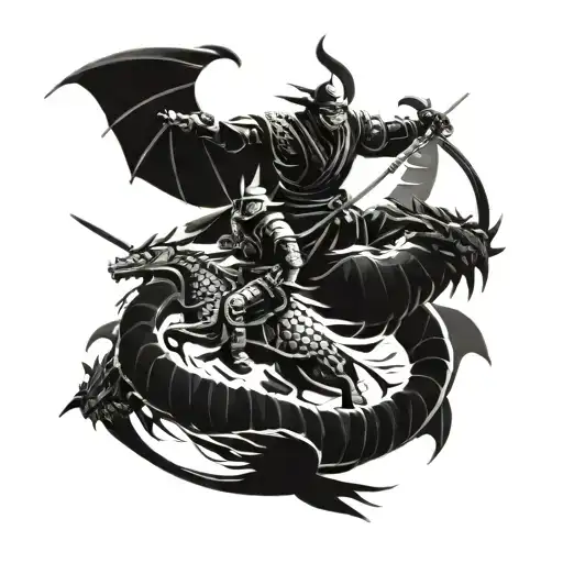 A Futuristic Samurai Warrior Riding A Dragon In Battle
