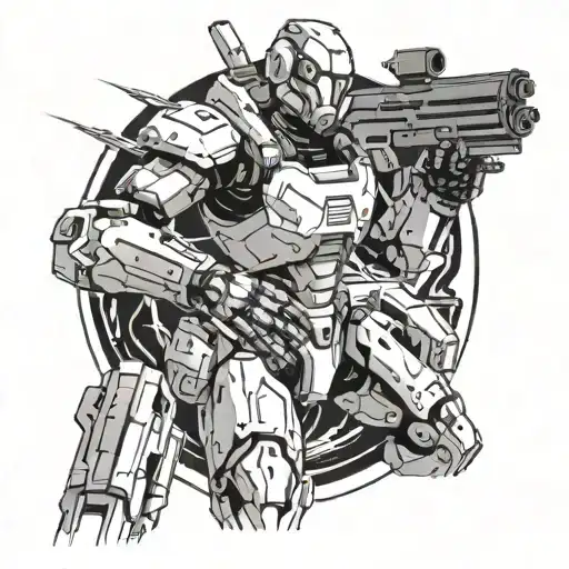 A Futuristic Anime-inspired Cyborg Soldier Wielding A Gun And Surrounded By Killer Robots