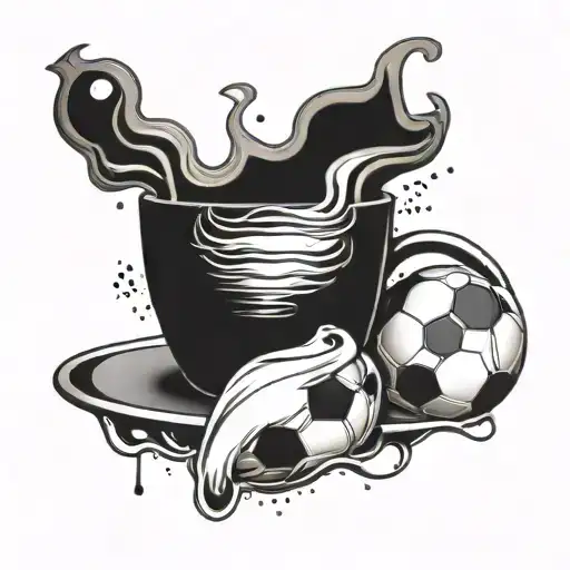 A Dynamic Composition Of A Soccer Ball Merging With A Steaming Cup Of Coffee