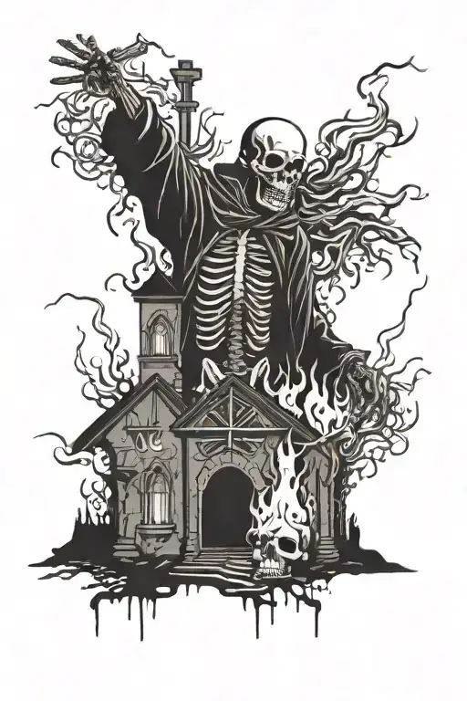 Danse Macabre Infront Of Burning Church Round Camp Fire