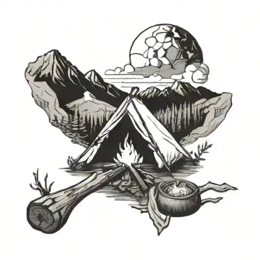 A Campfire Scene With A Tent And Mountains In The Background