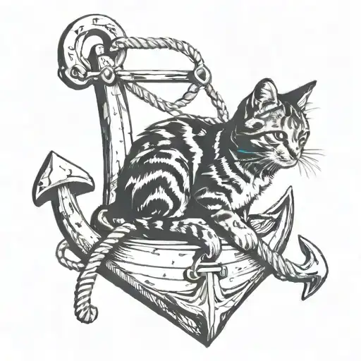 A Cat Sitting Inside An Anchor Reaching Up Towards A Rope