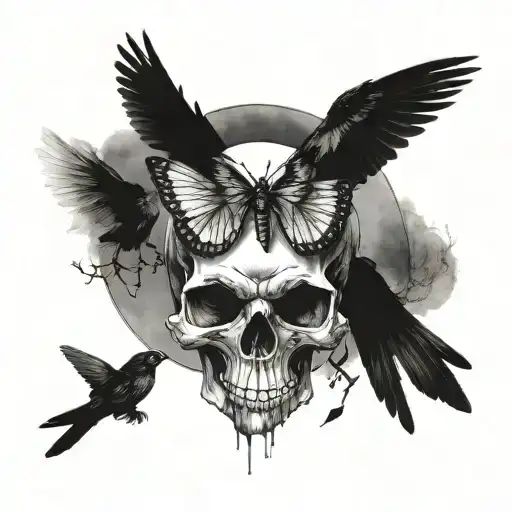 Skull Butterfly Crow And Moon Merging Together For A Photographr