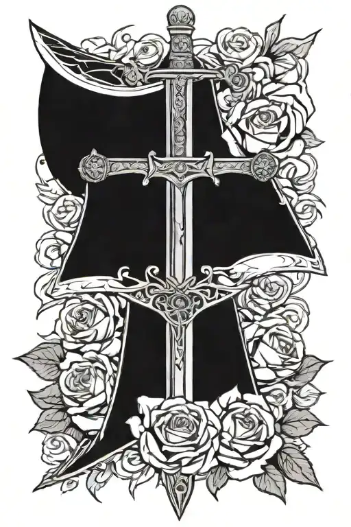 Sword Behind A Broken Shield With Roses Wrapped Tightly