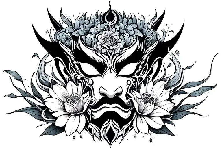 Oni Mask And Water And Flowers Intertwined