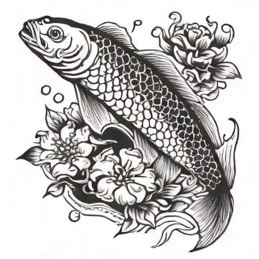 Koi Fish With Cherry Blossom Flowers And Kanji Symbol