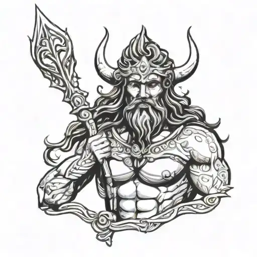 The Face Of Poseidon With His Trident In The Background