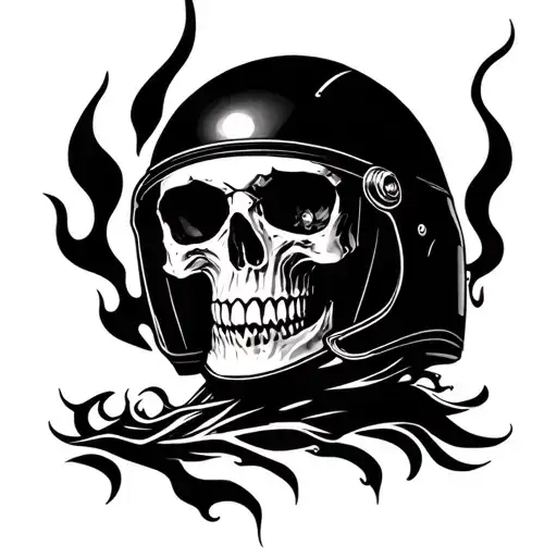 A Skull With A Single Flaming Motorcycle Helmet On Top