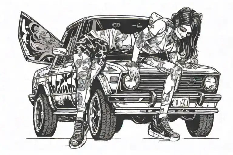 Demon Girl In Daisy Duke Shorts Bent Over The Hood Of A Bmw Sedan