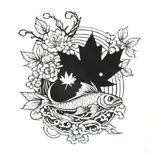 A Maple Leaf And Sakura Blossom Intertwined With Fish Swimming Around Them