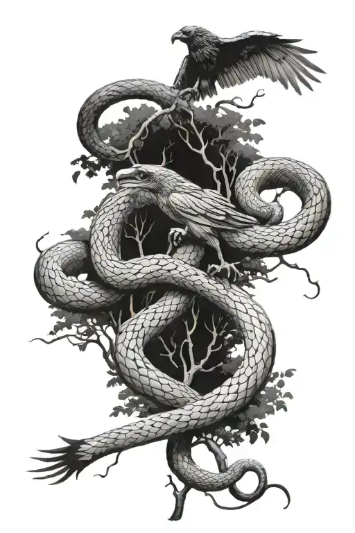 A Snake Fighting With A Hawk Near The Trees