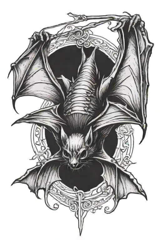 A Bat Hanging Upside Down With Line With Wings Tucked In
