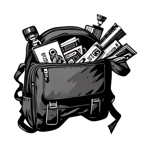 A Tattoo Of A Student Backpack Filled With Travel Essentials And Video Game Items Peeking Out