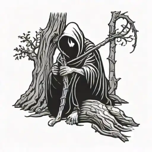 Grim Reaper Sitting By A Tree Trunk