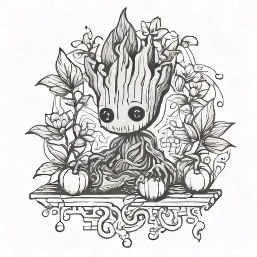 Groot Made Of Puzzle Pieces Holding A Lily And A Bundle Of Peaches His Feet