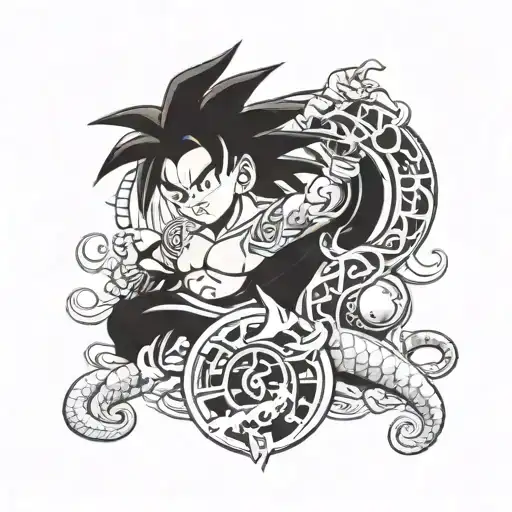 A Hawaiian Themed Sleeve Tattoo Featuring Family Symbols Intertwined With Dragonball Z Characters