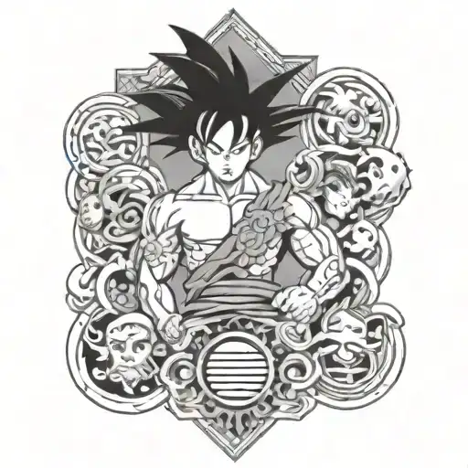 A Hawaiian Themed Sleeve Tattoo Featuring Family Symbols Intertwined With Dragonball Z Characters