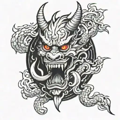Combination Of Hannya Mask And Dragon Design With Fire And Blood Elements