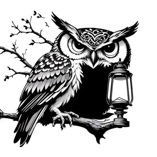 Owl And Lantern Shining Light