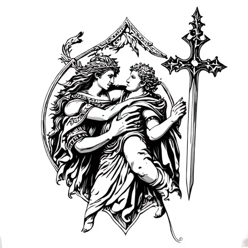 A Knight Holding A Sword With A Cross With A Goddess From The Us Giving Him A Hug