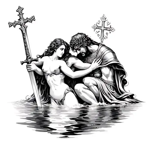 A Knight Holding A Sword With A Cross With A Water Goddess Hugging Him