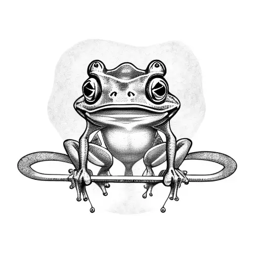 Thin Frog Stretching Upwards Lifting A Barbell Rattle With Its Left Hand