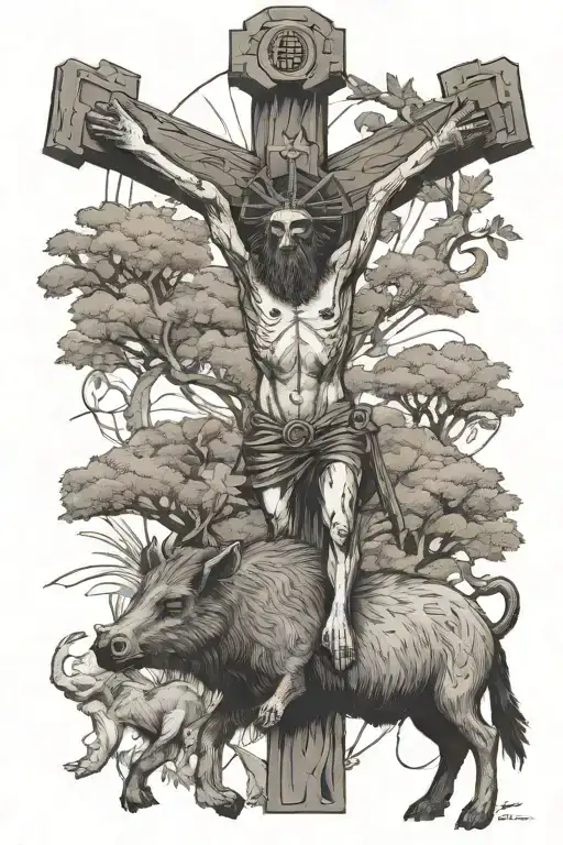 Crucifix With The Legend Curupira Riding A Collared Peccary Holding A Gun In The Forest