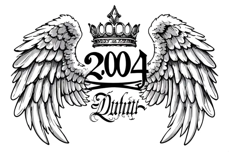 Angel Wings Tattoo With A Crown On Top And 2004 Written In The Middle
