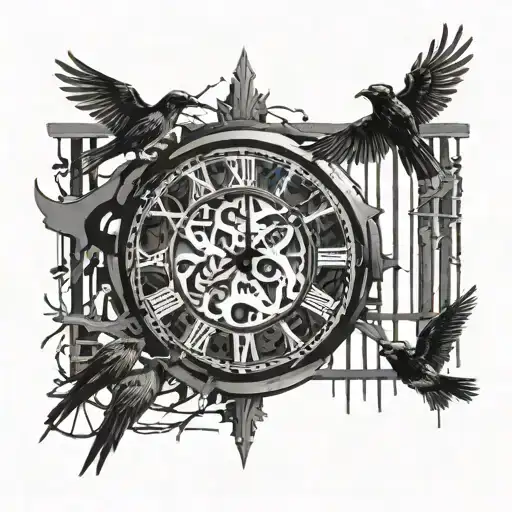 A Abstract Tattoo Of A Broken Clock Morphing Into Jail Bars With Birds Flying Out