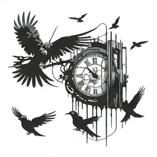 A Abstract Tattoo Of A Broken Clock Morphing Into Jail Bars With Birds Flying Out