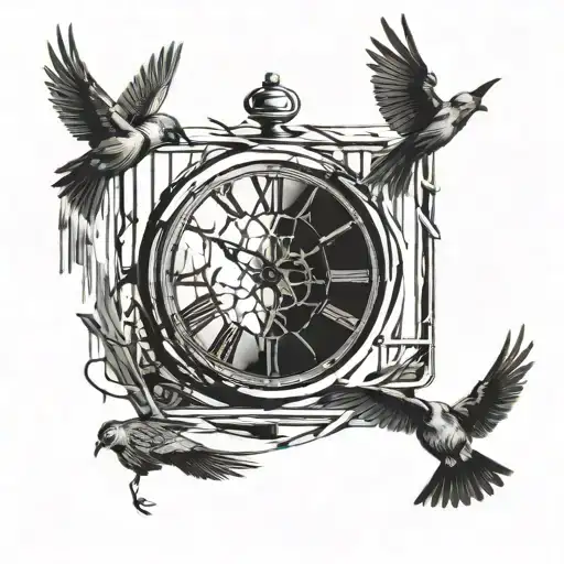 A Abstract Tattoo Of A Broken Clock Morphing Into Jail Bars With Birds Flying Out
