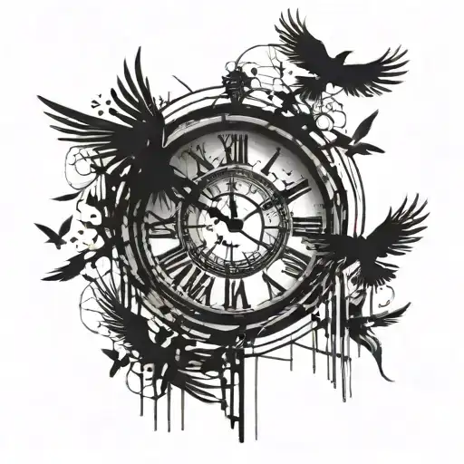 A Abstract Tattoo Of A Broken Clock Morphing Into Jail Bars With Birds Flying Out