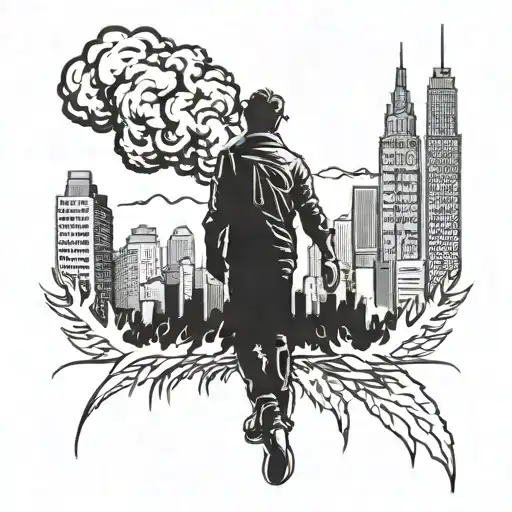 City On Fire With Gunman In Front View