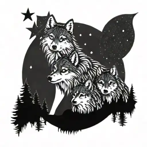 Wolf Family Under A Starry Night