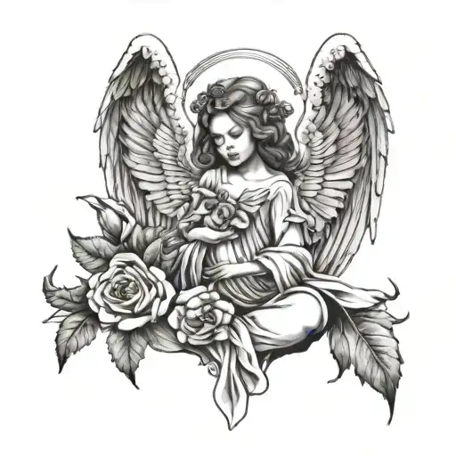 Angel Covered Partialy With Wings Holding Flower