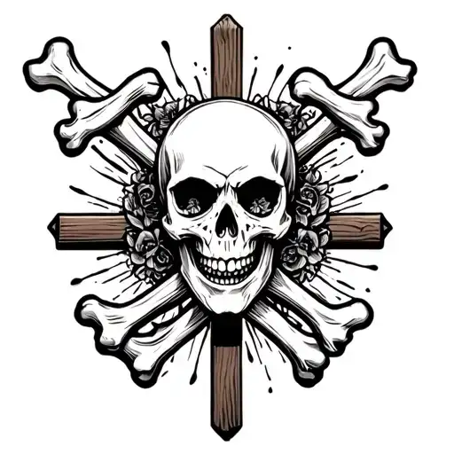 Death Skull With Crossbones Behind And Wooden Cross Behind
