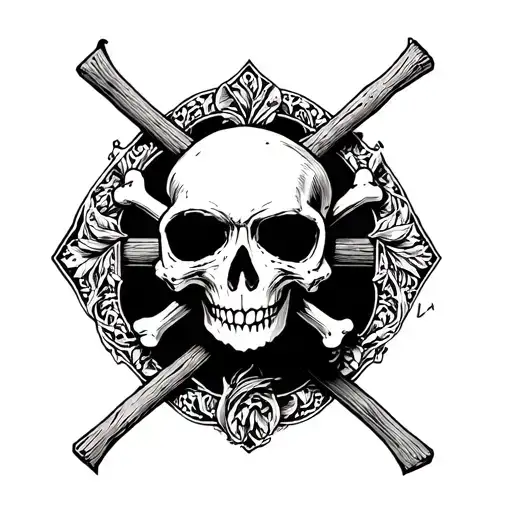 Death Skull With Crossbones Behind And Wooden Cross Behind