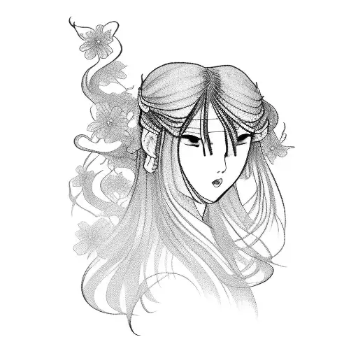 Japanese Female Fighter Samurai Flowers With Long Hair In The Wind Delicate Feminine