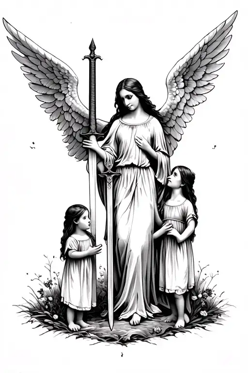 Angel With Sword Standing Over A Mother And Two Little Girls