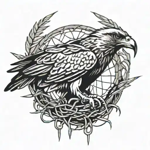 Hawk With Barbed Wire Around And A Crow In The Neck Of The Hawk