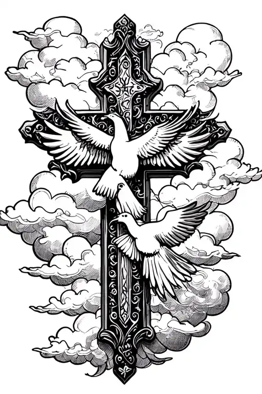 Cross And Clouds Surrounding With Dove And Bible Verse