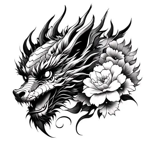 Dragon And Kitsune Mask And Flower Japonese
