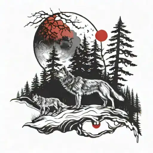 A Mystical Red Moon Rising Over A Dark Forest With A Pack Of Wolves Howling In The Distance