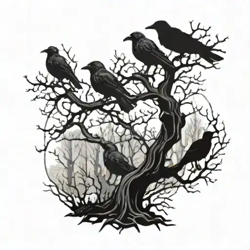 A Haunting Scene Of Crows Perched On The Branches Of A Twisted Tree In A Shadowy Forest