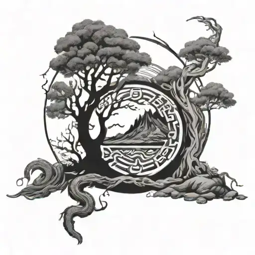 Norse Mythology World Tree Surrounded By World Serpent