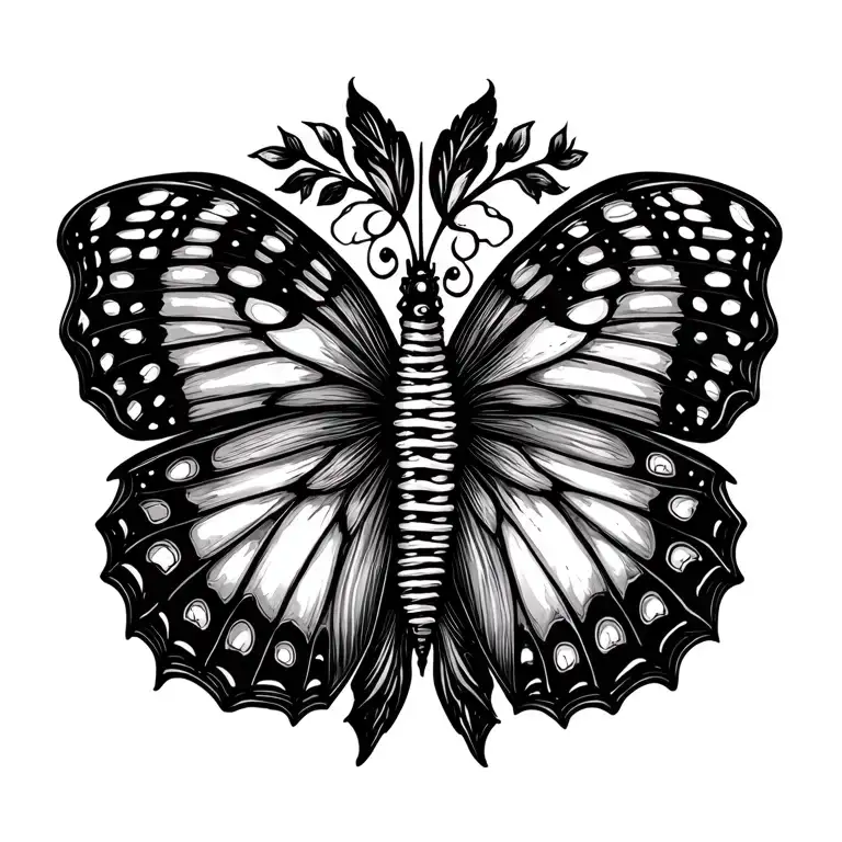 Butterfly Wings Spread Wide With Spine Tattoo Design In Center Of Wings