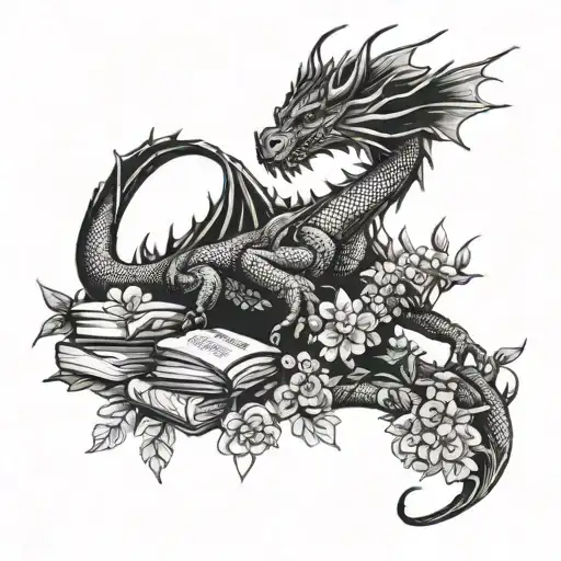Dragon Protecting Books Surrounded By Wild Flowers