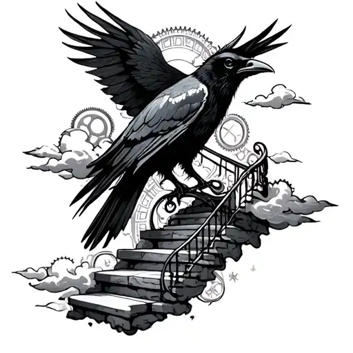 Stairs To Clouds With Gears And Cogs With A Raven