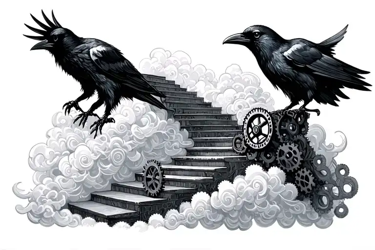 Stairs To Clouds With Gears And Cogs With A Raven