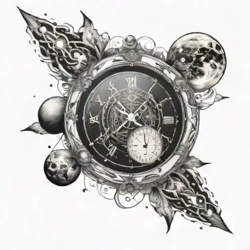 A Cosmic Clock Surrounded By Swirling Galaxies And Planets